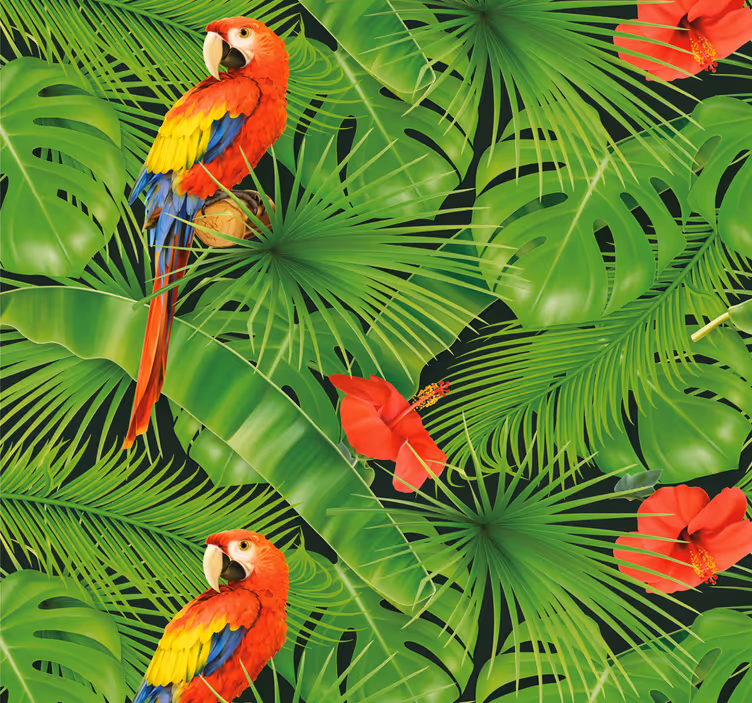 Papier peint perroquets colorés sur feuilles vertes - TenStickers