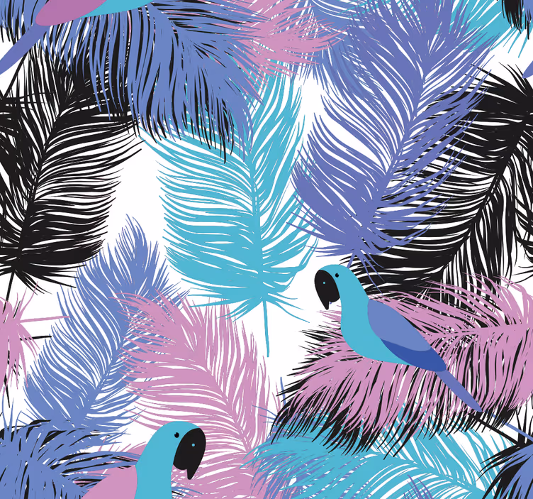 Papier peint perroquet et plumes bleus et roses - TenStickers