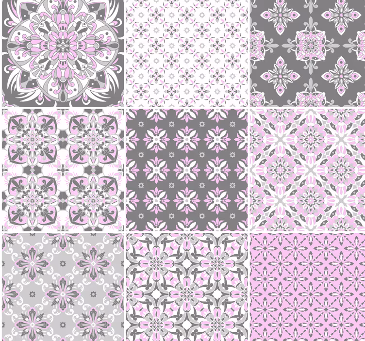 Papier peint carrelage motifs ornementaux rose et gris - TenStickers