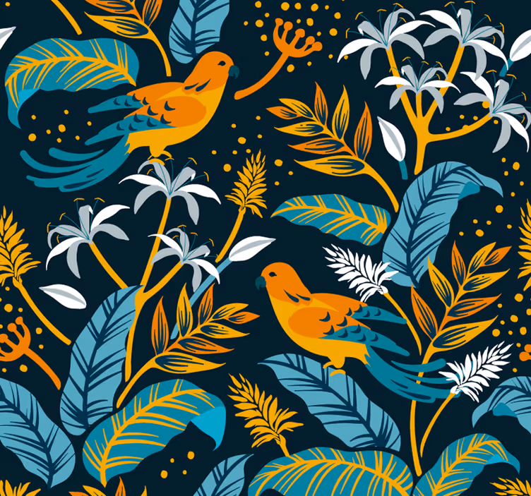 Papier peint feuilles et oiseaux tropicaux - TenStickers