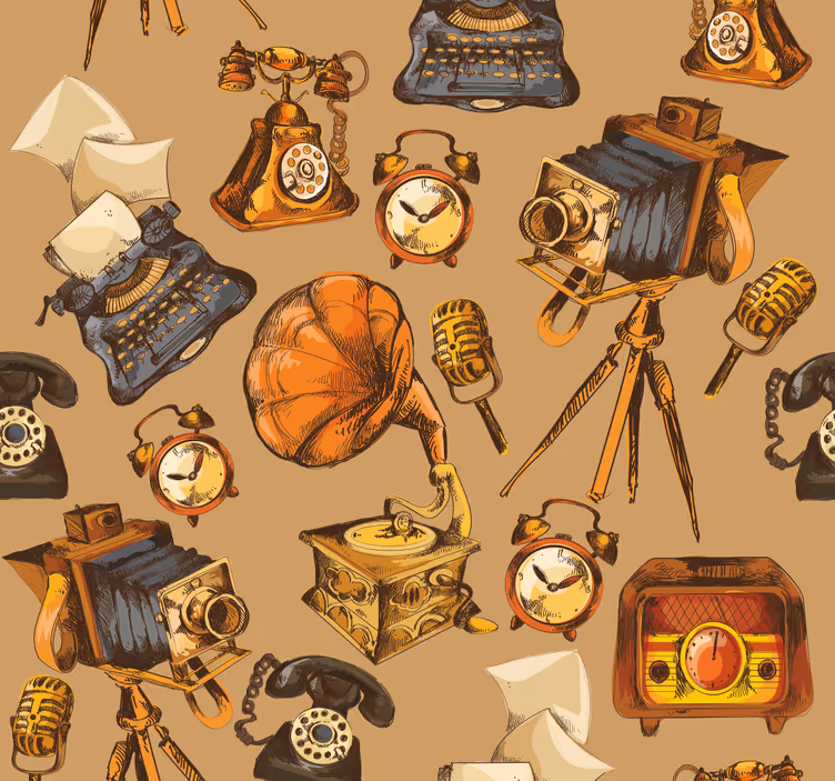 Papier peint vintage collage d'objets rétro - TenStickers