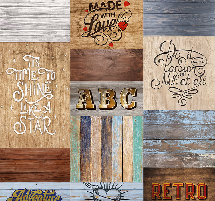 Papier peint bois effet patchwork avec lettrages - TenStickers