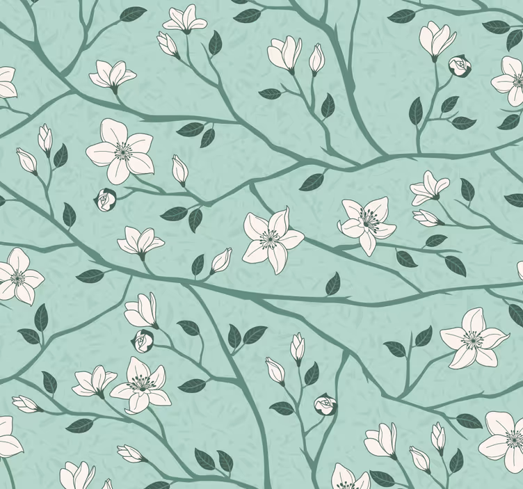 Papier peint vert menthe fleurs et branches - TenStickers