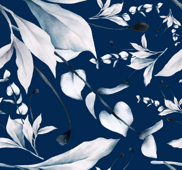 Papier peint bleu foncé feuilles blanches - TenStickers