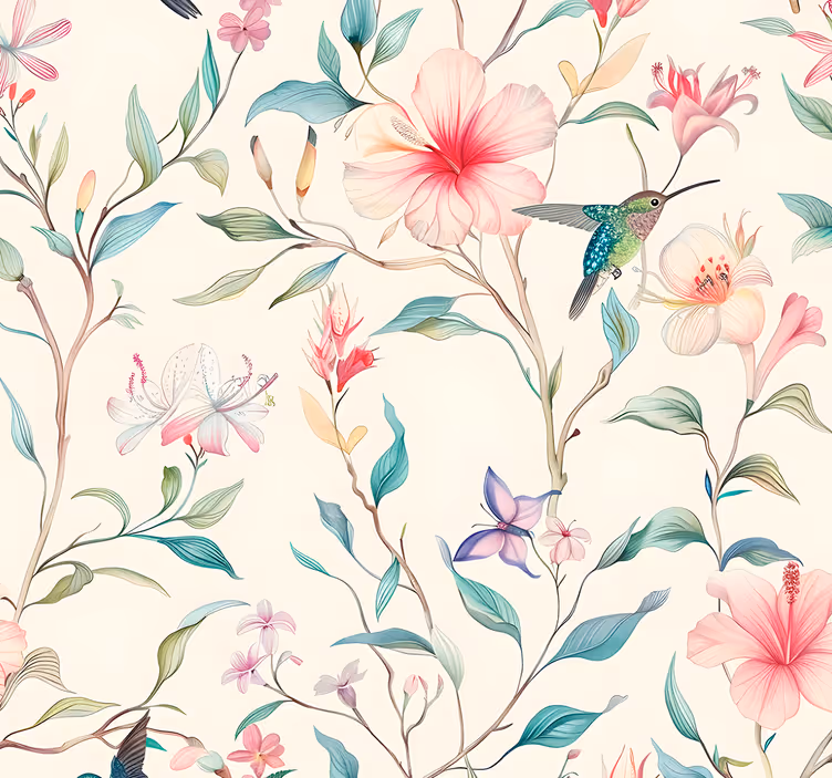 Papier peint fleurs illustration de fleurs et de colibris - TenStickers