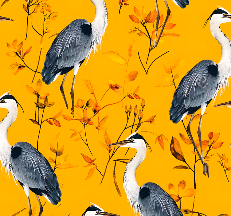 Papier peint jaune motif hérons - TenStickers