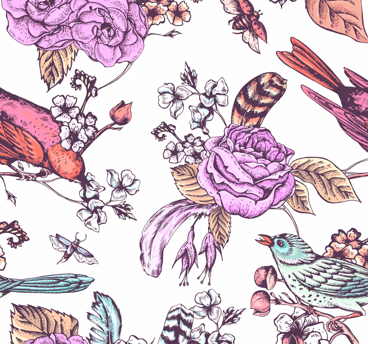 Papier peint fleurs conception floral et d'oiseaux - TenStickers