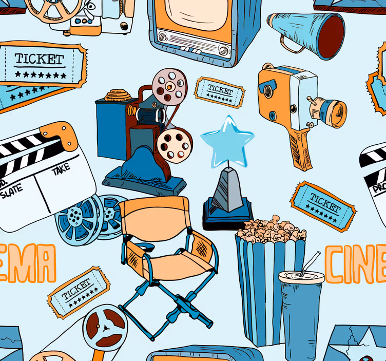 Papier peint art bleu et jaune cinéma et caméra - TenStickers