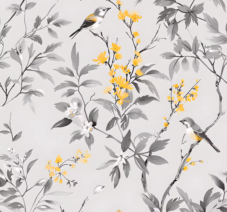 Papier peint entrée feuillage gris jaune et oiseaux - TenStickers