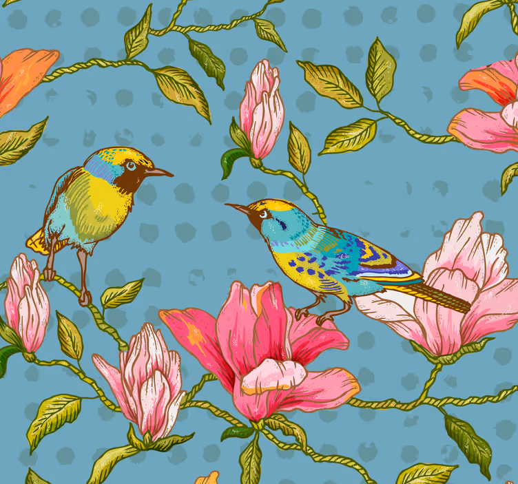 Papier peint fleurs oiseaux exotiques fond bleu - TenStickers
