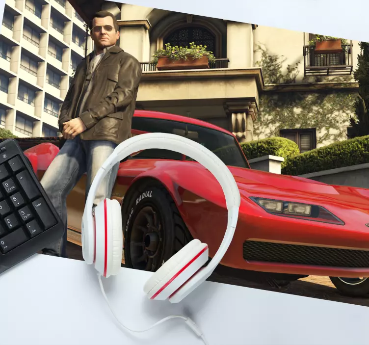 Tapis de souris gamer personnage à côté d'un véhicule rouge - TenStickers