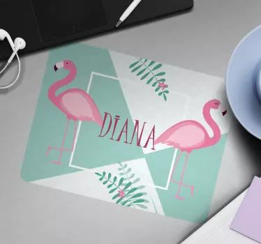 Tapis de souris avec nom Flamants roses et feuilles - TenStickers