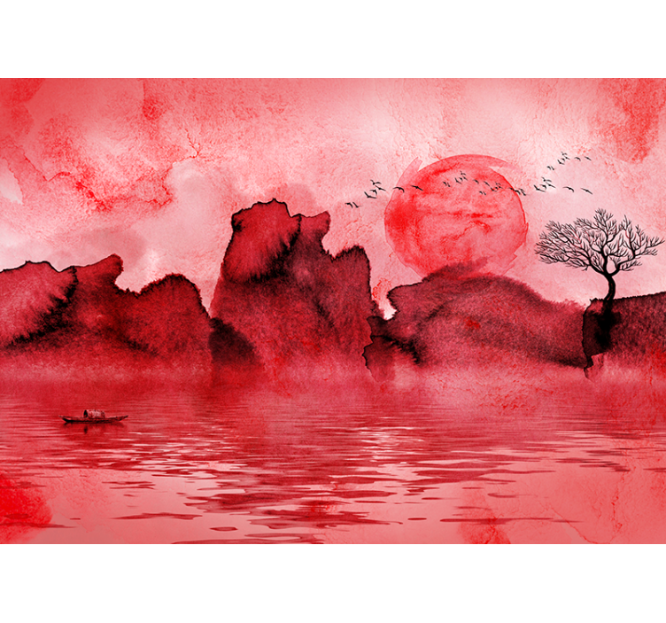 Store enrouleur rouge paysage à l'encre chinoise - TenStickers