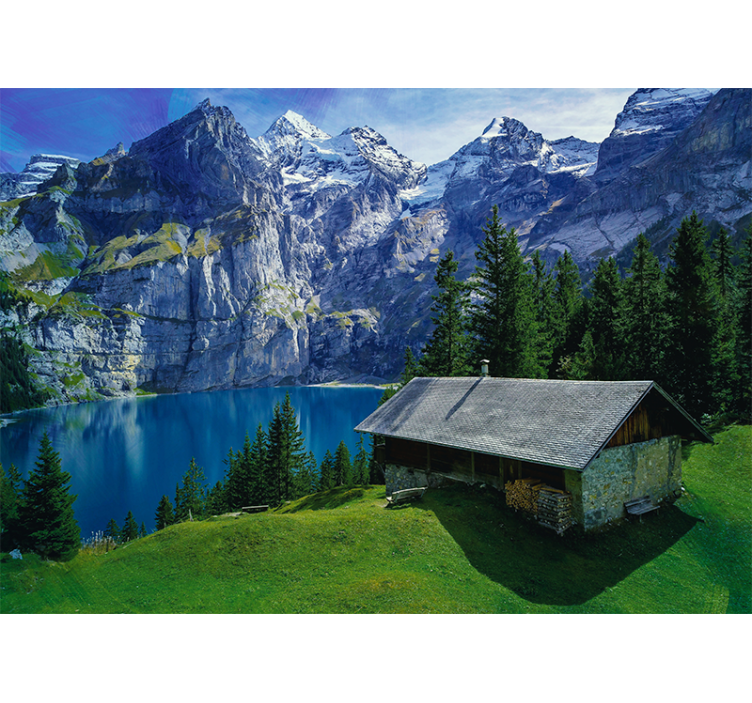 Store enrouleur bureau cabane au bord du lac et montagnes - TenStickers