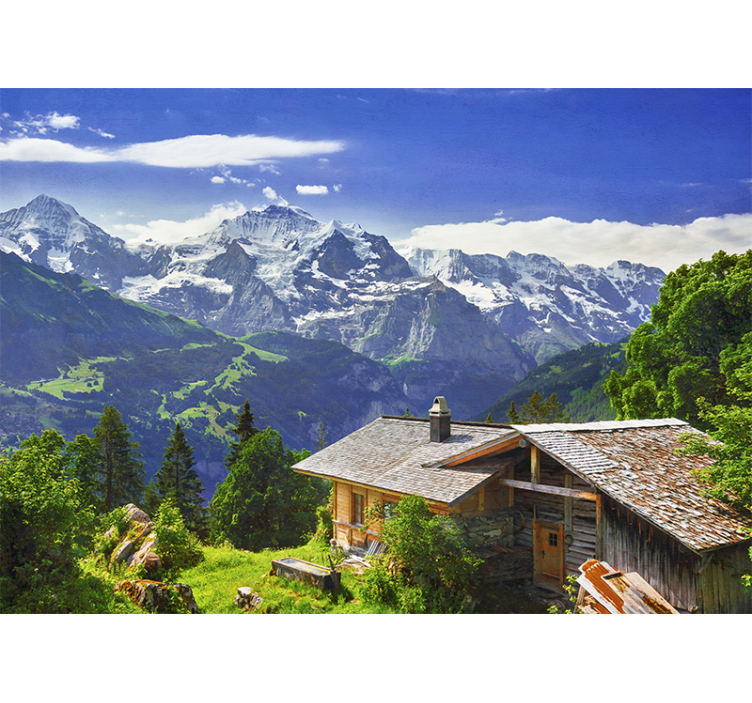 Store enrouleur bureau montagnes enneigées et champ vert - TenStickers