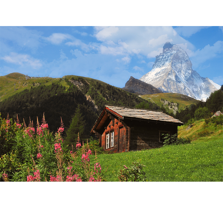 Store enrouleur bureau champ vert avec chalet et montagne - TenStickers