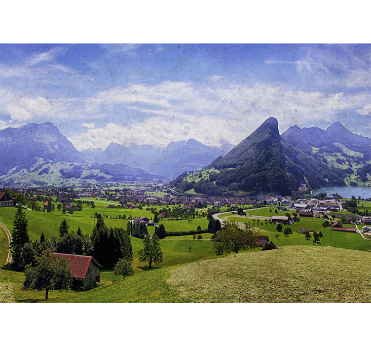 Store enrouleur bureau maisons sur champ vert montagnes - TenStickers