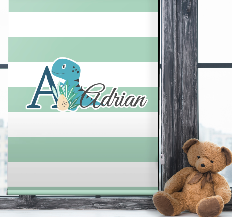 Store enrouleur pour chambre enfant dinosaure rayé avec nom - TenStickers