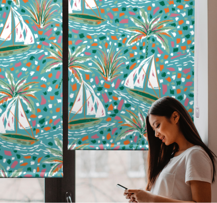 Store enrouleur motif fleur bateaux à voile et palmiers - TenStickers