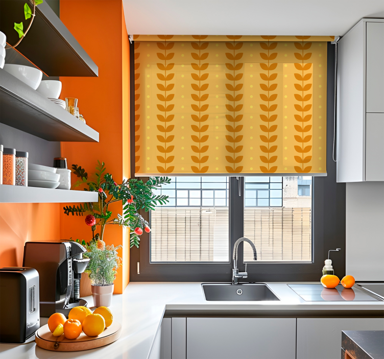 Store enrouleur cuisine orange motif de feuilles - TenStickers