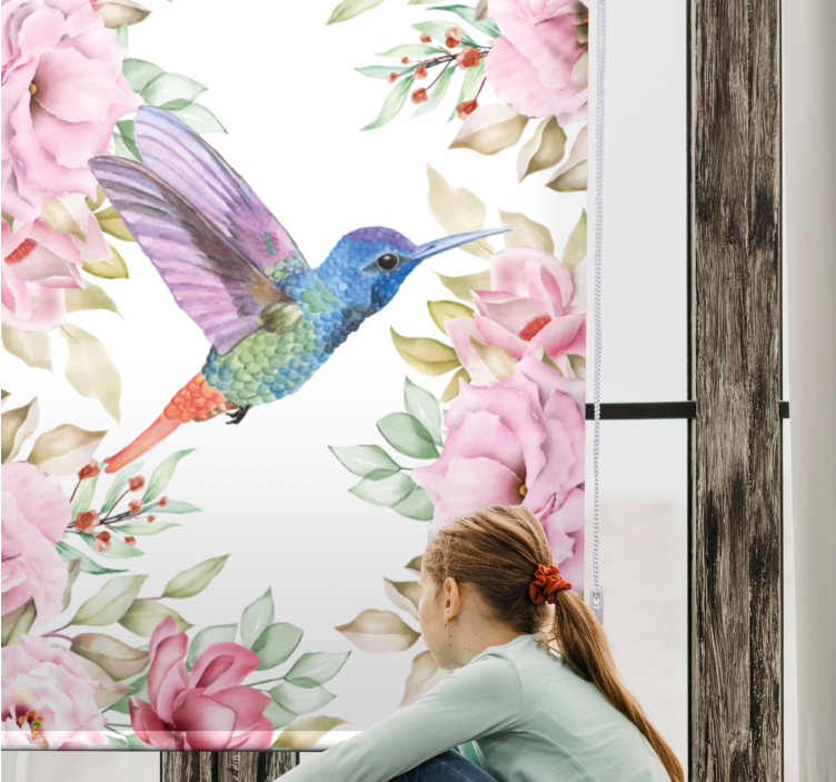 Stores enrouleurs fleurs et plantes colibri parmi les roses - TenStickers