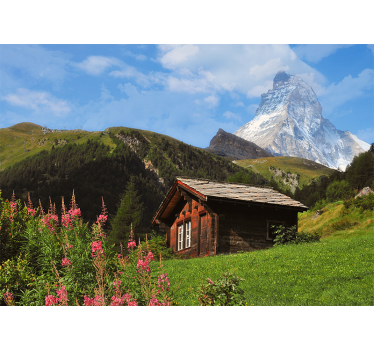 Store enrouleur bureau champ vert avec chalet et montagne - TenStickers