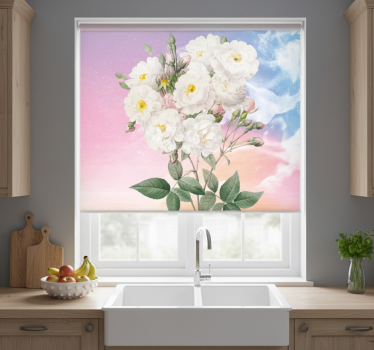 Store enrouleur cuisine fleurs blanches fond bleu orange - TenStickers