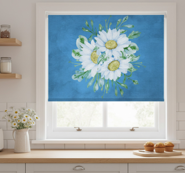 Store enrouleur cuisine fleurs blanches sur fond bleu - TenStickers