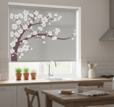 Store enrouleur cuisine fleurs blanches sur fond gris - TenStickers