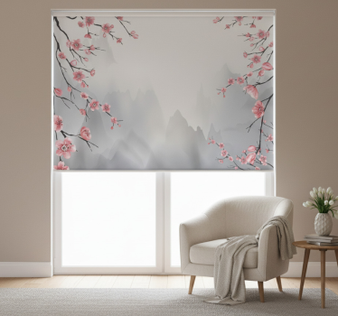 Store enrouleur gris fleurs de cerisier et montagnes - TenStickers