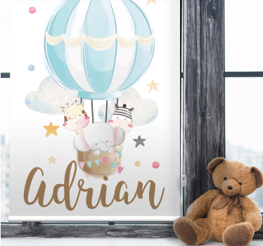 Stores Prénom 3 animaux dans un ballon avec étoiles et nuages - TenStickers