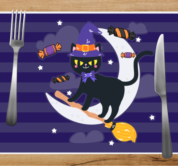 Set de table halloween chat sorcière sur balai - TenStickers