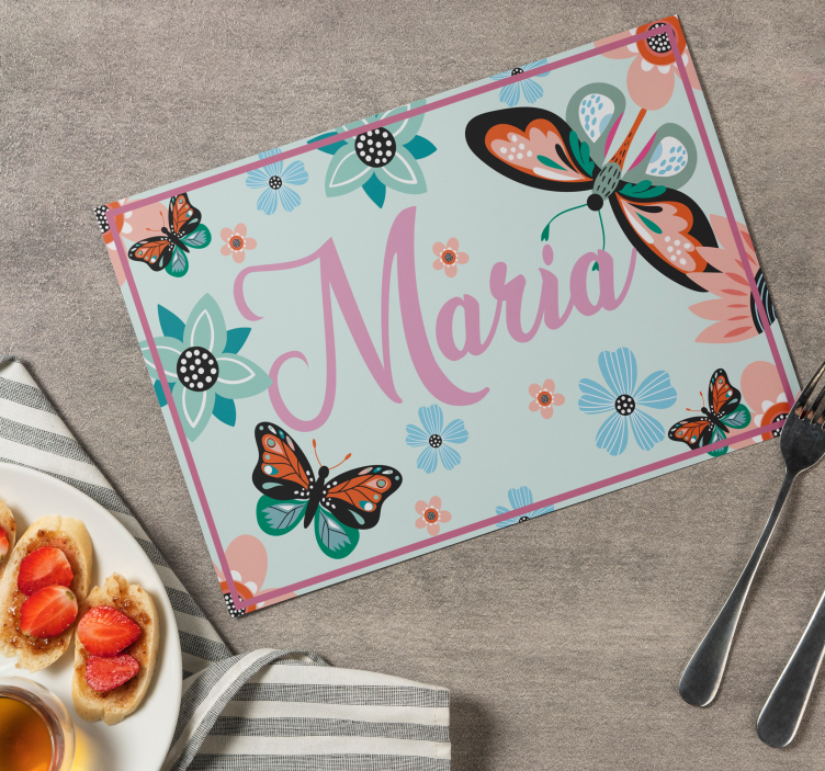 Set de table rectangulaire fleurs et papillons avec nom - TenStickers