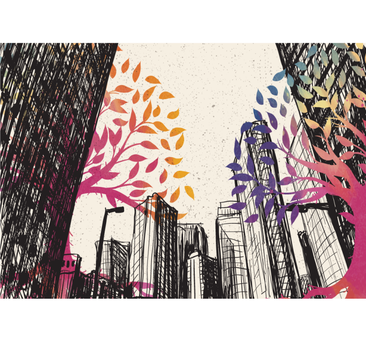 Tapisserie villes et pays skyline urbain avec arbres colorés - TenStickers