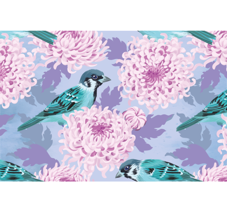 Tapisserie fleur oiseaux bleus en fleurs - TenStickers