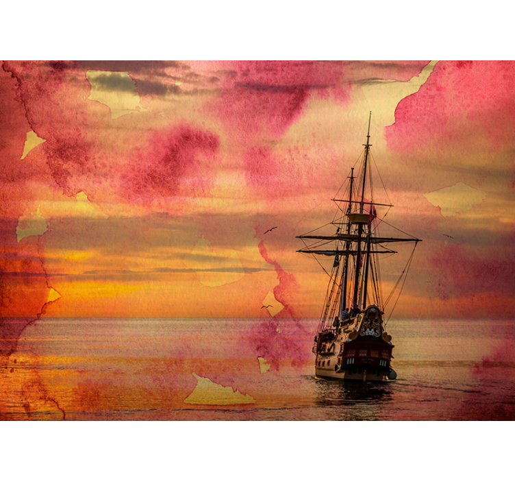 Tapisserie mer coucher de soleil sur un navire historique - TenStickers