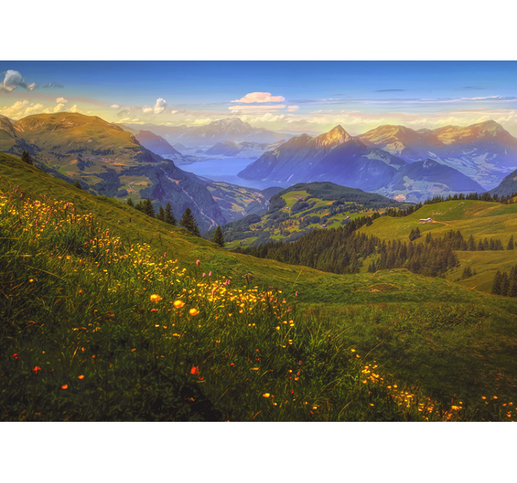 Tapisserie paysage vue sur prairie montagneuse - TenStickers