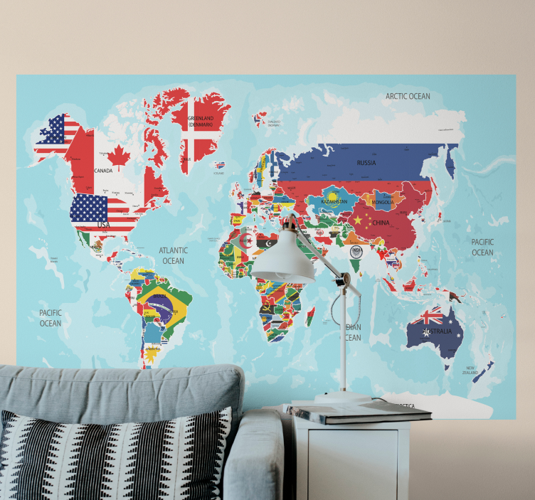 Tapisserie murale carte du monde avec des drapeaux - TenStickers