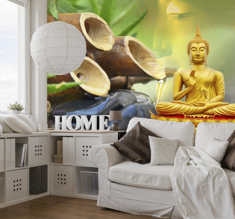 Papier peint zen bouddha doré et fontaine bamboo - TenStickers