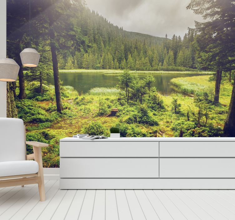 Tapisserie murale arbres verts entourant un lac - TenStickers