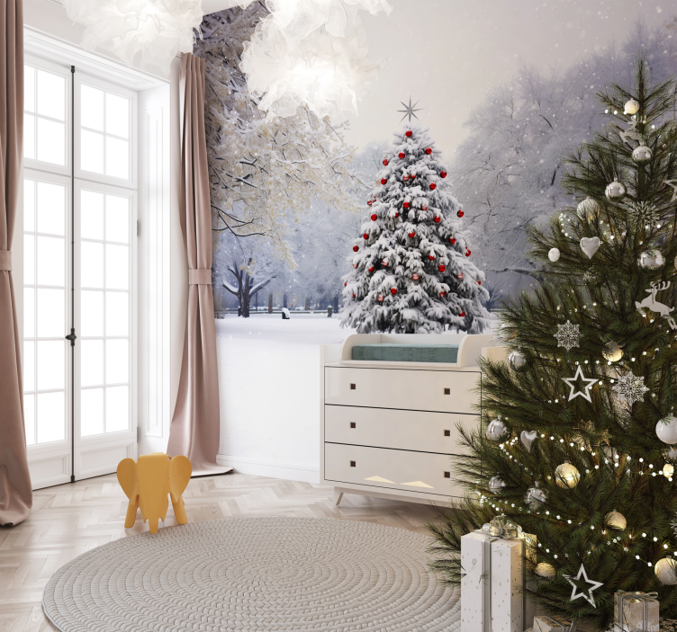 Tapisserie murale arbre sapin de noël et neige - TenStickers