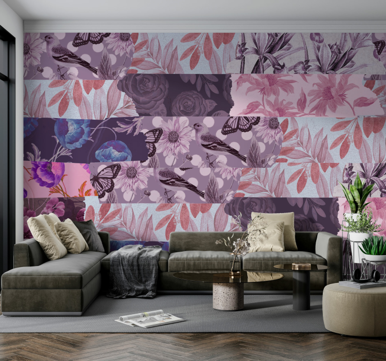 Papier peint mural collage floral tons mauves - TenStickers