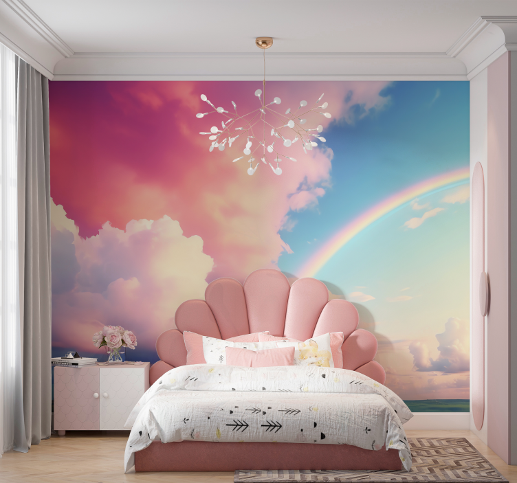 Papier peint chambre enfant ciel nuageux avec arc-en-ciel - TenStickers