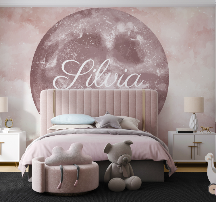 Tapisserie murale enfant lune rose avec nom - TenStickers