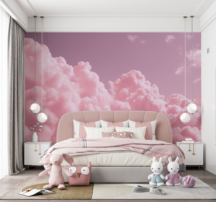 Tapisserie murale enfant nuages duveteux roses - TenStickers