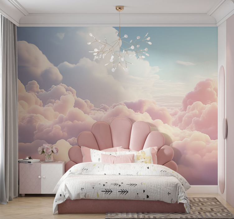 Papier peint chambre enfant paysage de nuages roses - TenStickers