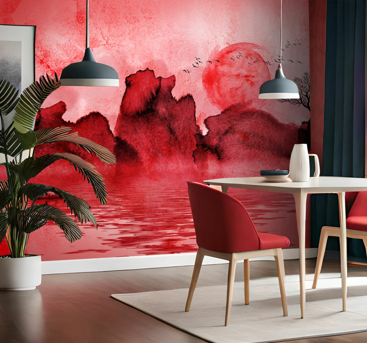 Tapisserie murale rouge paysage encre de chine - TenStickers