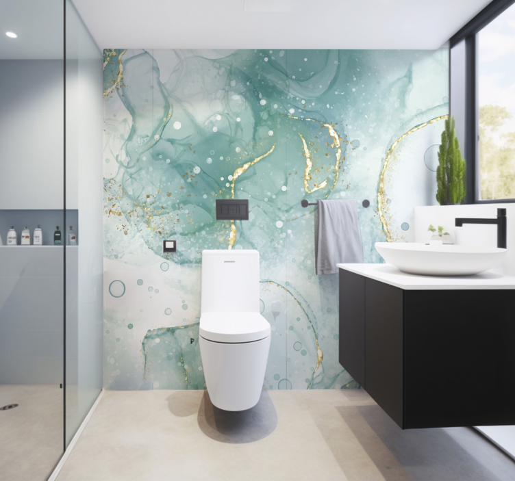 Papier peint salle de bain marbre turquoise et or - TenStickers
