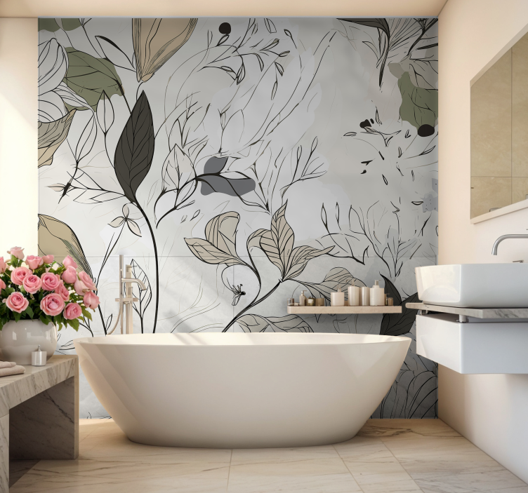 Tapisserie murale salle de bain fleurs feuilles - TenStickers