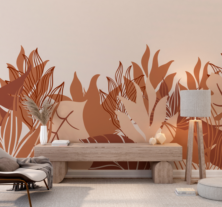 Papier peint salon terracotta feuilles minimalistes - TenStickers